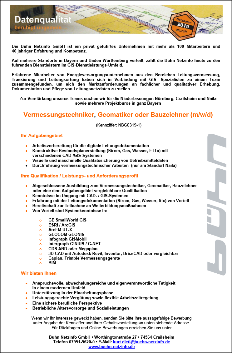 Vermessungstechniker, Geomatiker oder Bauzeichner (m/w/d)