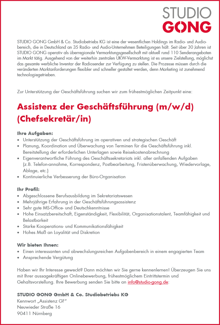 Assistenz der Geschäftsführung (m/w/d) (Chefsekretär/in)
