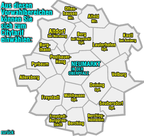 Aus diesen Vohrwahlbereichen knnen Sie sichg zum Citytarif einwhlen:  KARTE DER ORTSCHAFTEN IN DENEN DER CITYTARIF GLTIG IST.